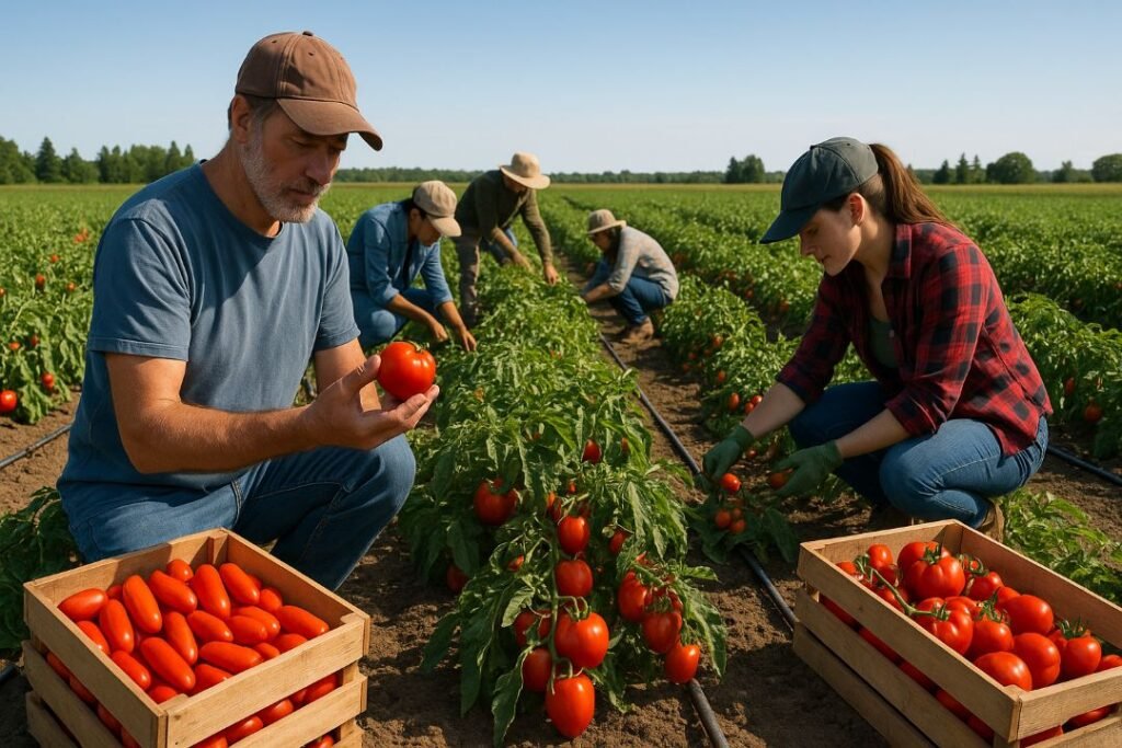 Farmer harvesting ripe Roma and Beefsteak tomatoes in an open field in Southern Ontario with wooden crates and drip irrigation.