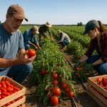 Farmer harvesting ripe Roma and Beefsteak tomatoes in an open field in Southern Ontario with wooden crates and drip irrigation.