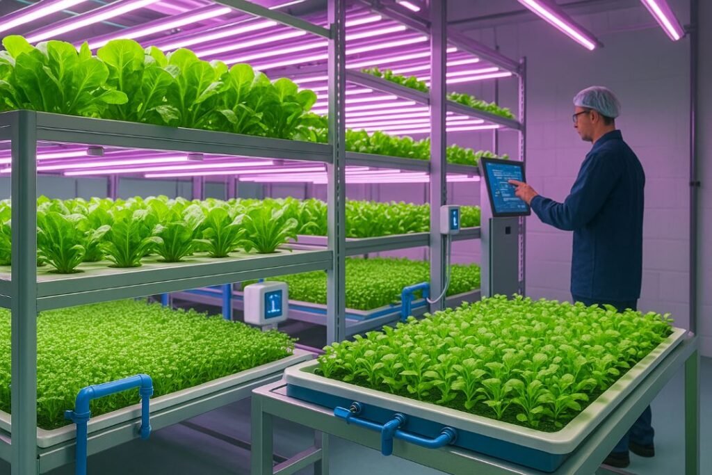 Modern vertical farm with hydroponic trays and LED grow lights, showcasing sustainable agriculture technology for 2025.