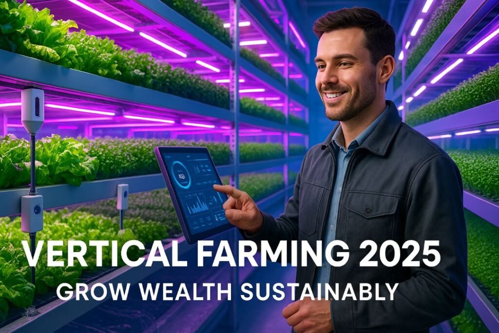 Futuristic vertical farm with entrepreneur monitoring hydroponic systems under LED lights, representing vertical farming startup cost in 2025.