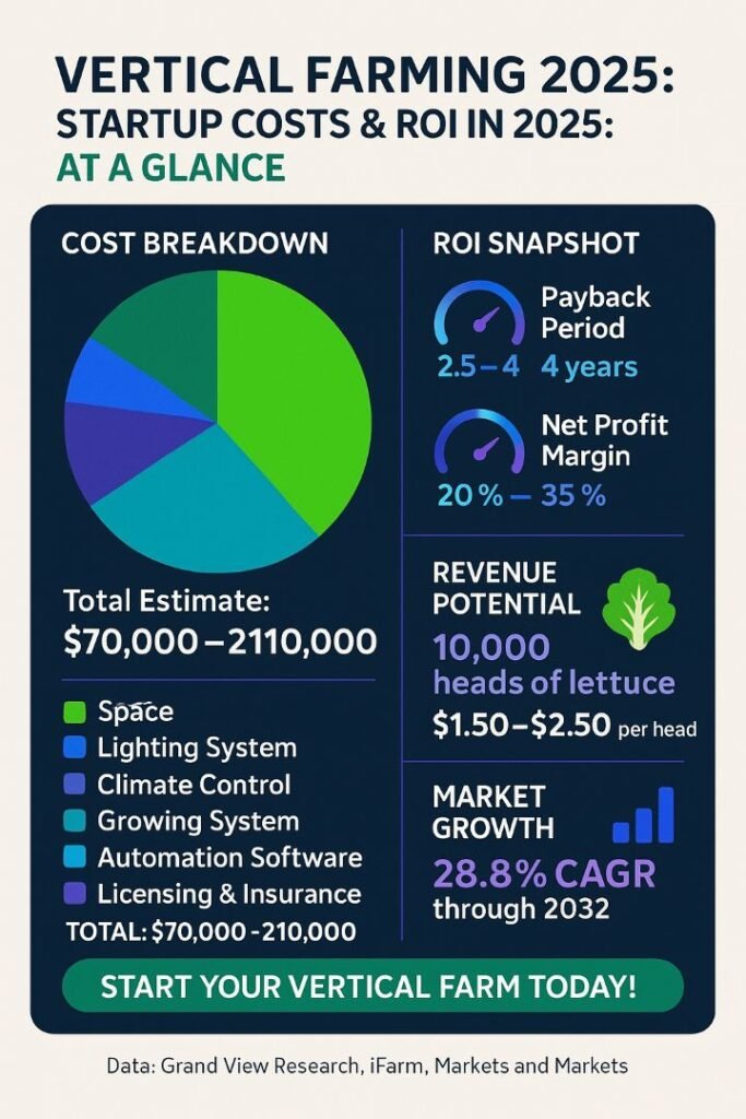Infographic of vertical farming startup cost and ROI for 2025, showing cost breakdown and profit potential.