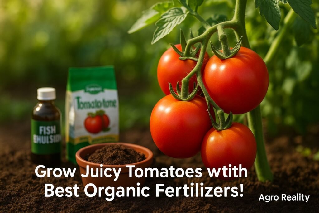 Vibrant tomato plant with ripe red tomatoes and organic fertilizer in a sunlit garden, promoting the best organic fertilizer for tomatoes in 2025.