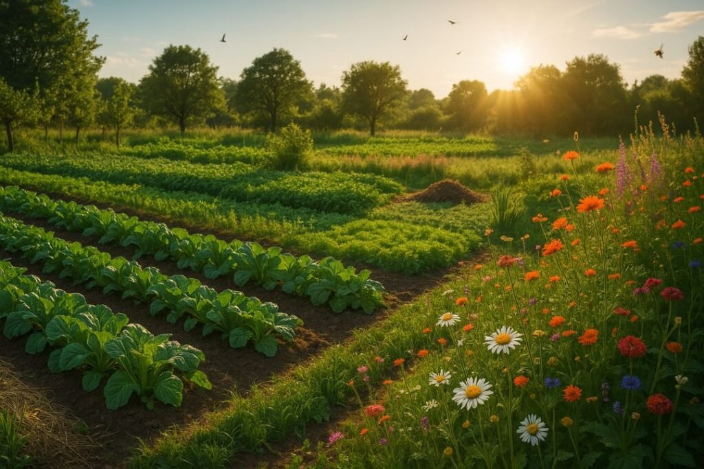 Ecological Farming Landscape at Golden Hour Lush ecological farming landscape with green crops, wildflowers, and a golden sunset showing sustainable agriculture in harmony with nature.
