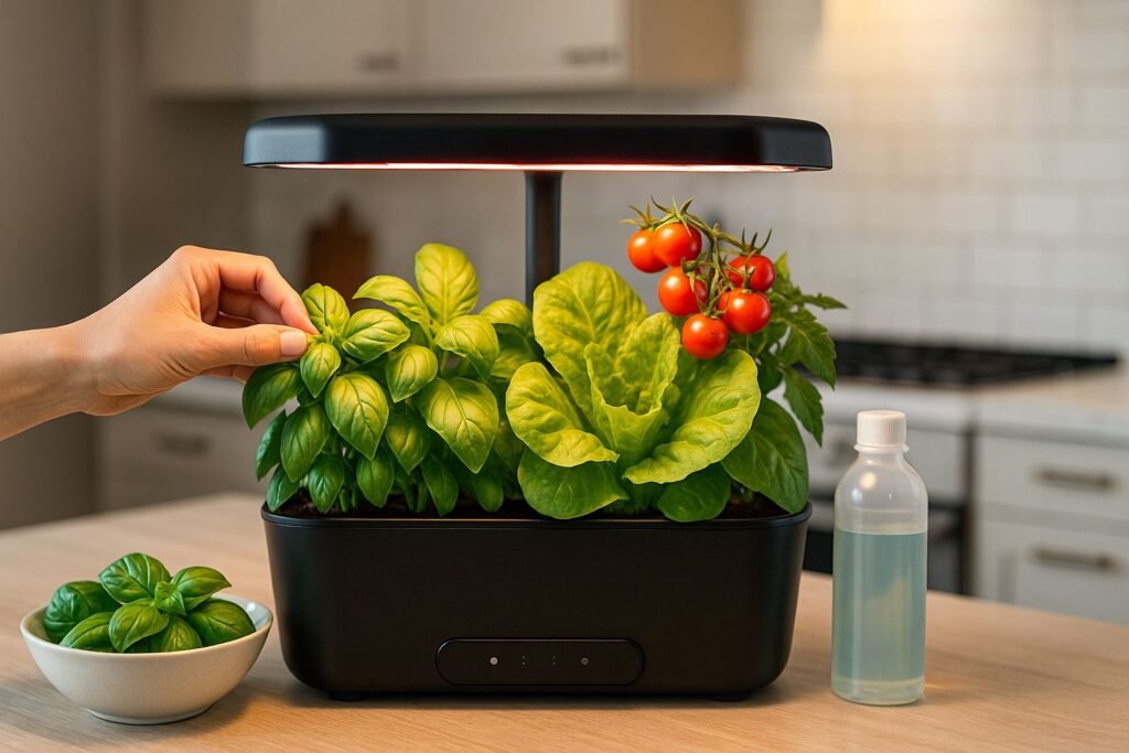 Vibrant hydroponic farming kits growing fresh basil, lettuce, and cherry tomatoes on a modern kitchen countertop with LED lighting and a hand gently tending the plants.