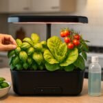 Vibrant hydroponic farming kits growing fresh basil, lettuce, and cherry tomatoes on a modern kitchen countertop with LED lighting and a hand gently tending the plants.