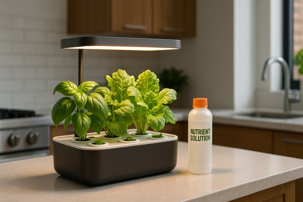 Modern hydroponic farming kits growing fresh herbs and lettuce on a kitchen countertop under LED grow light in a bright urban apartment.