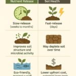 Infographic comparing organic fertilizer vs chemical fertilizer for gardening in 2025, showing differences in nutrient release, soil health, environmental impact, and cost.