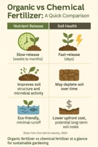 Infographic comparing organic fertilizer vs chemical fertilizer for gardening in 2025, showing differences in nutrient release, soil health, environmental impact, and cost.