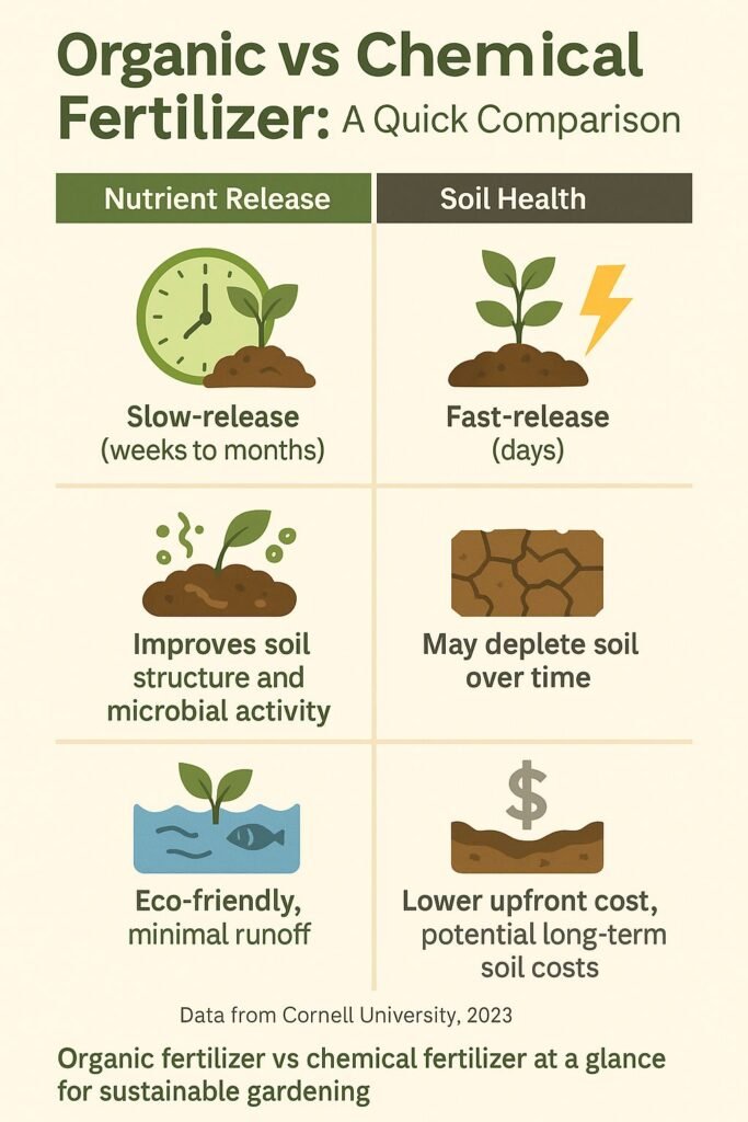 Infographic comparing organic fertilizer vs chemical fertilizer for gardening in 2025, showing differences in nutrient release, soil health, environmental impact, and cost.
