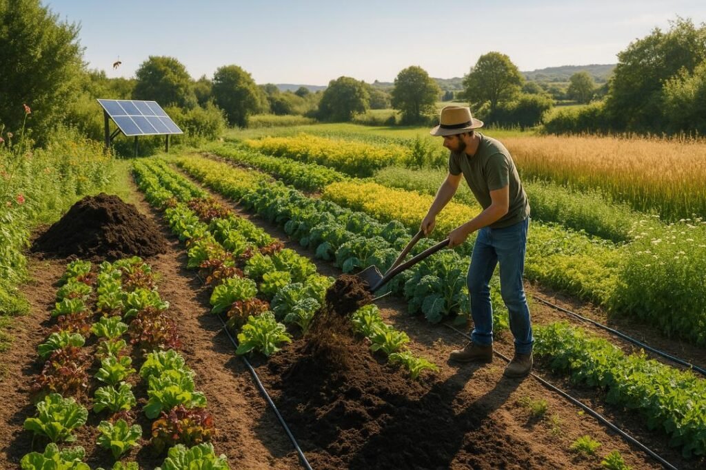A farmer spreads organic compost on a diverse ecological farm with vegetables, grains, solar panels, and pollinator-friendly hedgerows under a sunny sky