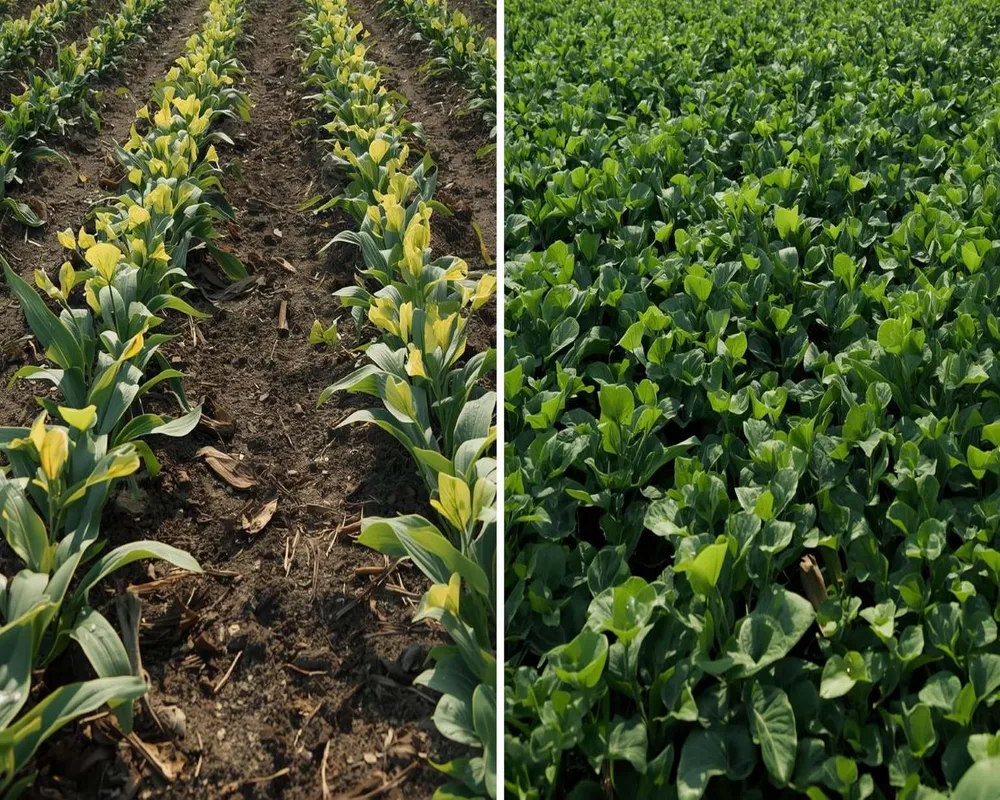 Before and after comparison of crop growth after soil pH correction.