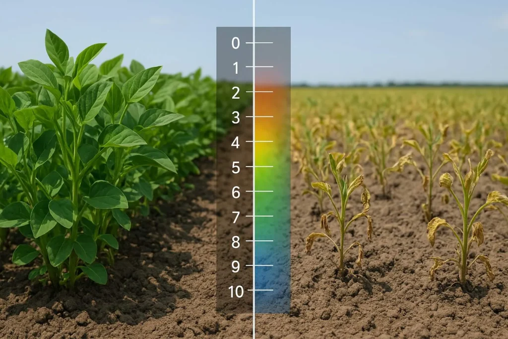 Healthy vs unhealthy plants due to soil pH difference with pH scale overlay.