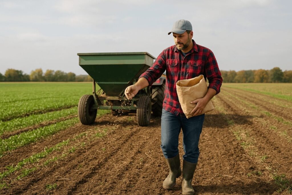 Farmer sowing cover crops in an eco-friendly farming system to improve soil health and sustainability