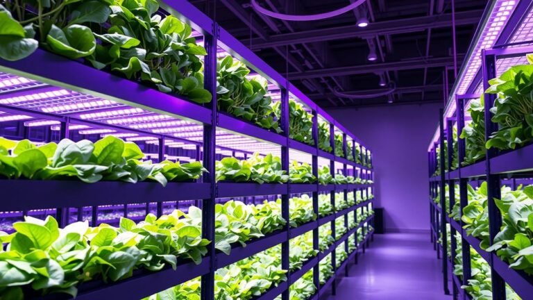 Indoor vertical farming setup with stacked shelves and LED grow lights.