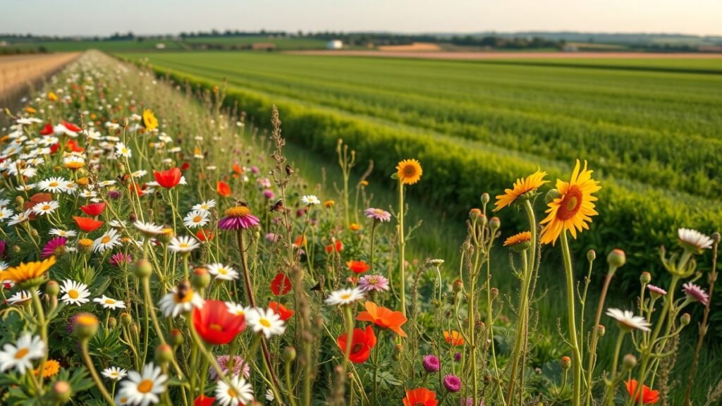 Pollinator-friendly hedgerows and colorful wildflower strips (daisies, clover, sunflowers) beside a cultivated field with bees and butterflies