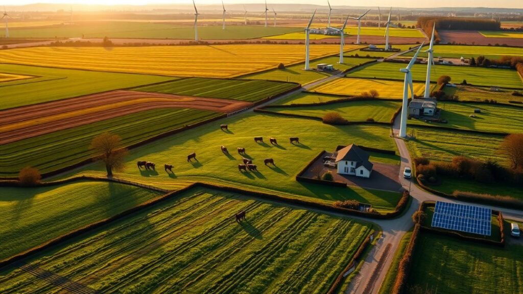 Wide-angle drone view of a sustainable farm at golden hour with cover crops, grazing livestock, wind turbines, and solar panels — illustrating regenerative agriculture net zero practices