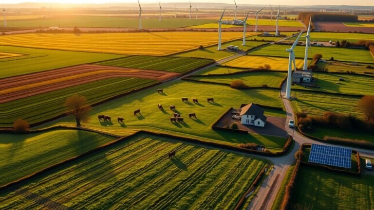 Wide-angle drone view of a sustainable farm at golden hour with cover crops, grazing livestock, wind turbines, and solar panels — illustrating regenerative agriculture net zero practices
