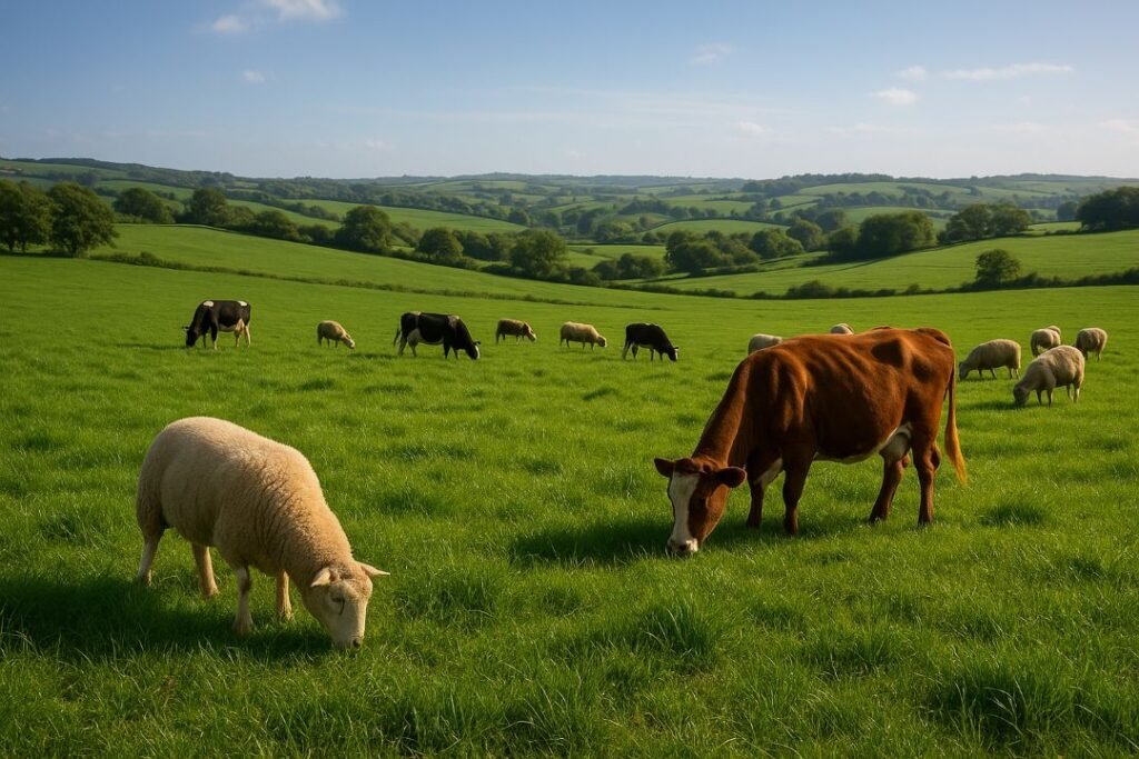 Sheep and cows grazing on lush green pasture showcasing regenerative agriculture net zero practices.