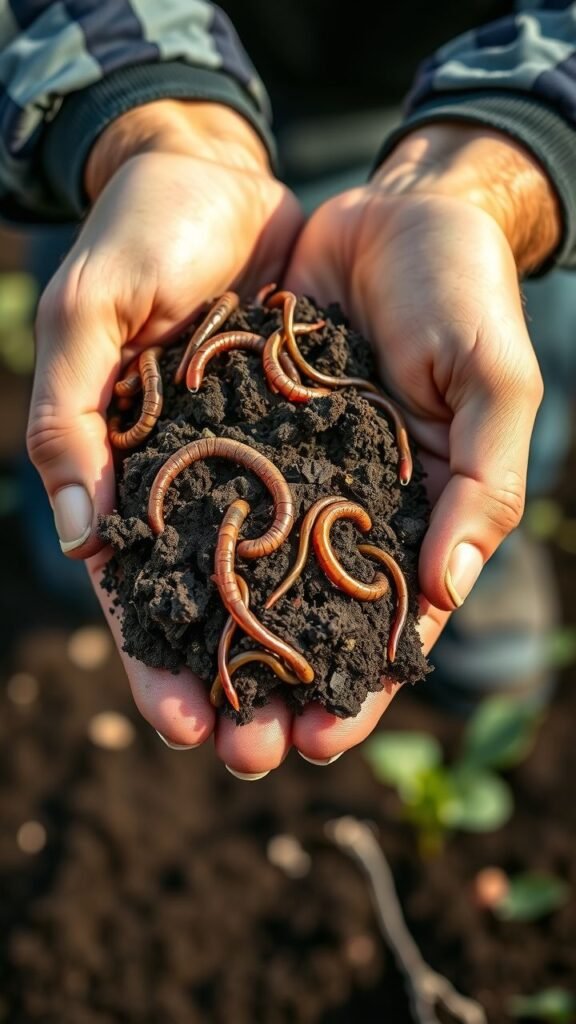 Hands holding fertile soil with earthworms, symbolizing regenerative agriculture net zero practices for soil health and carbon sequestration.
