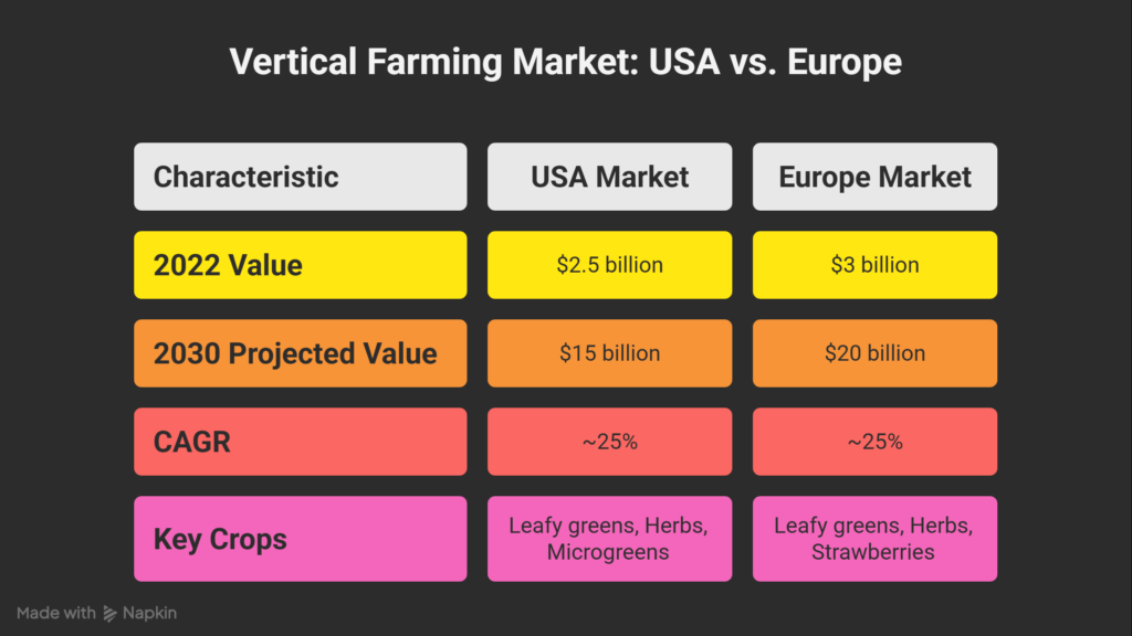 Chart showing vertical farming market growth in USA and Europe by 2030.