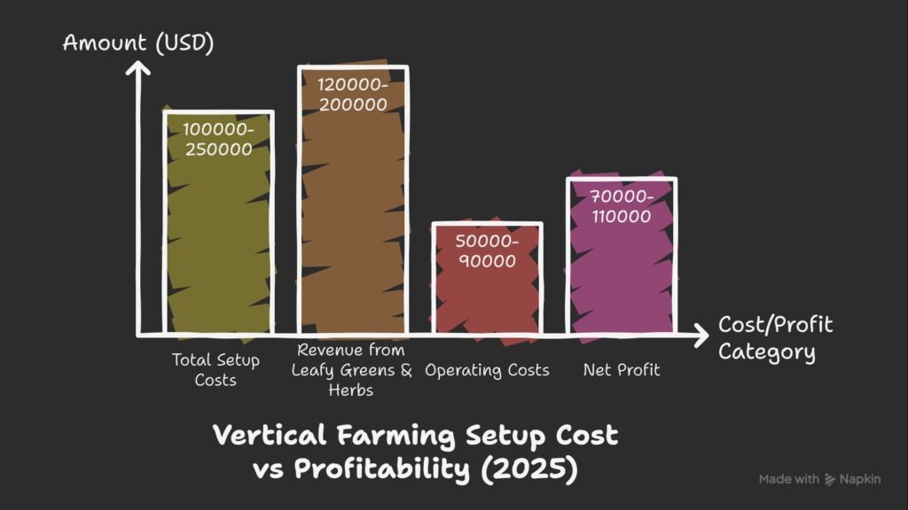 Infographic showing vertical farming setup costs and profitability in 2025