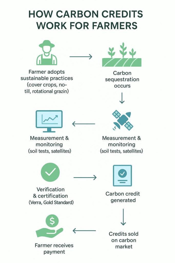 How Carbon Markets in Agriculture USA Work: Flowchart for Farmers Flowchart illustrating how carbon markets in agriculture USA work, showing sustainable practices, carbon sequestration, verification, and farmer payments.