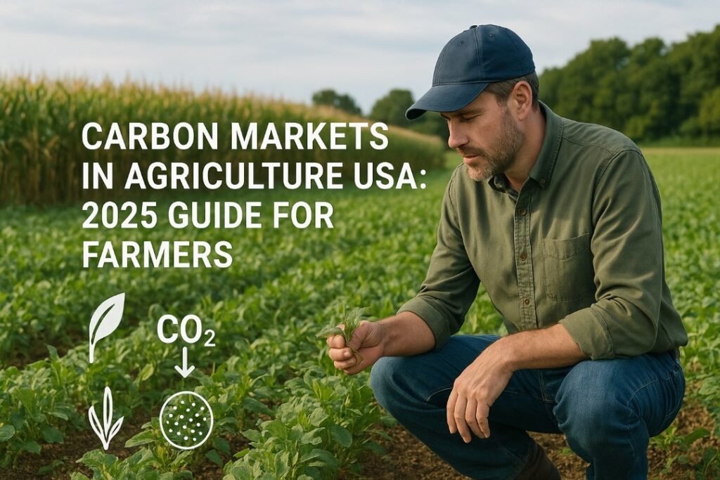 Carbon Markets in Agriculture USA – Realistic Farm Photo Realistic photograph of a U.S. farmer on farmland illustrating carbon markets in agriculture USA and sustainable farming practices.