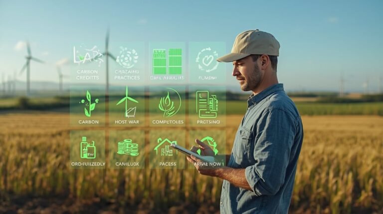 American farmer monitoring carbon markets in agriculture using digital tools for sustainable farming in the USA