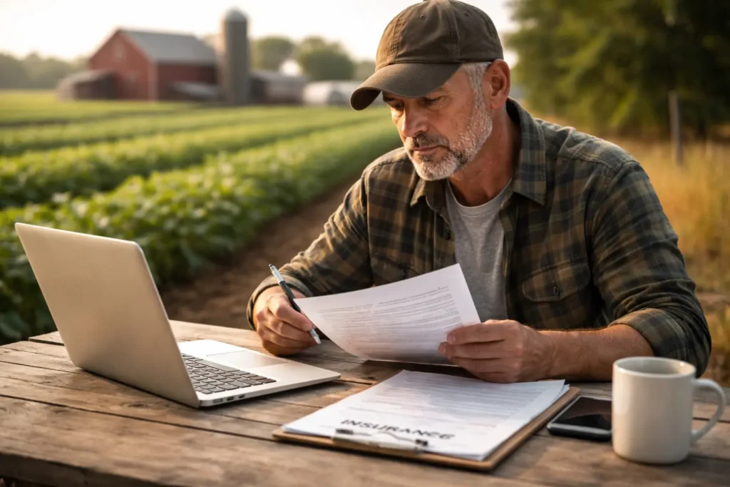 choosing best farm insurance providers in the United States 2026 farmer reviewing policy
