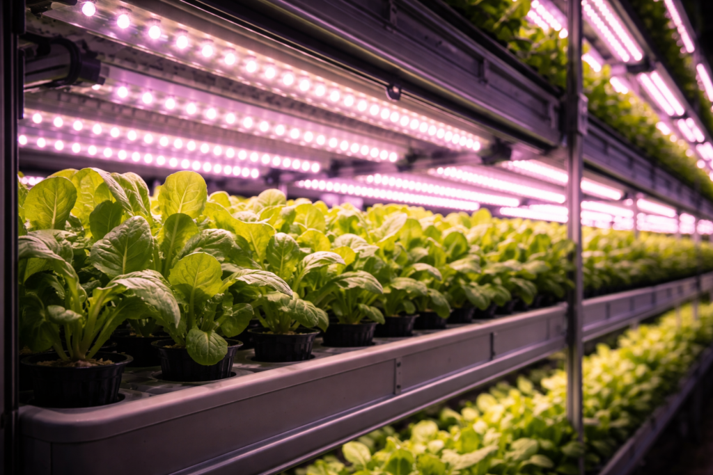 LED grow lights used in vertical farming for plant production
