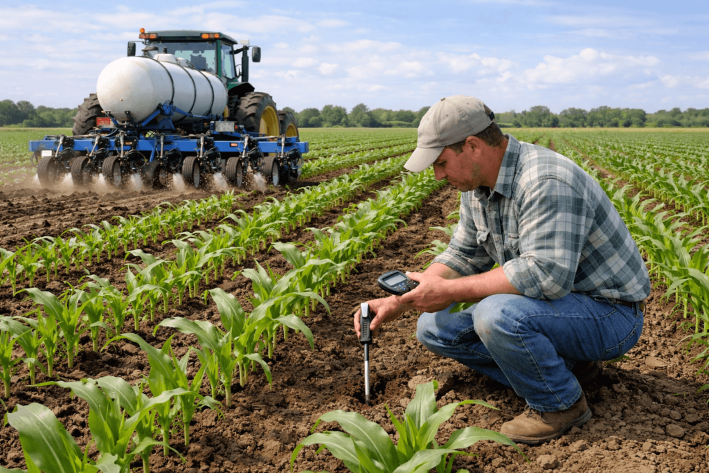 Farmer applying nitrogen fertilizer in a corn field to reduce nitrogen loss and improve nitrogen use efficiency