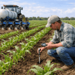 Farmer applying nitrogen fertilizer in a corn field to reduce nitrogen loss and improve nitrogen use efficiency