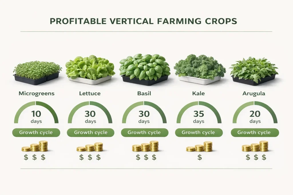 vertical farming crop profit comparison infographic showing microgreens lettuce and basil