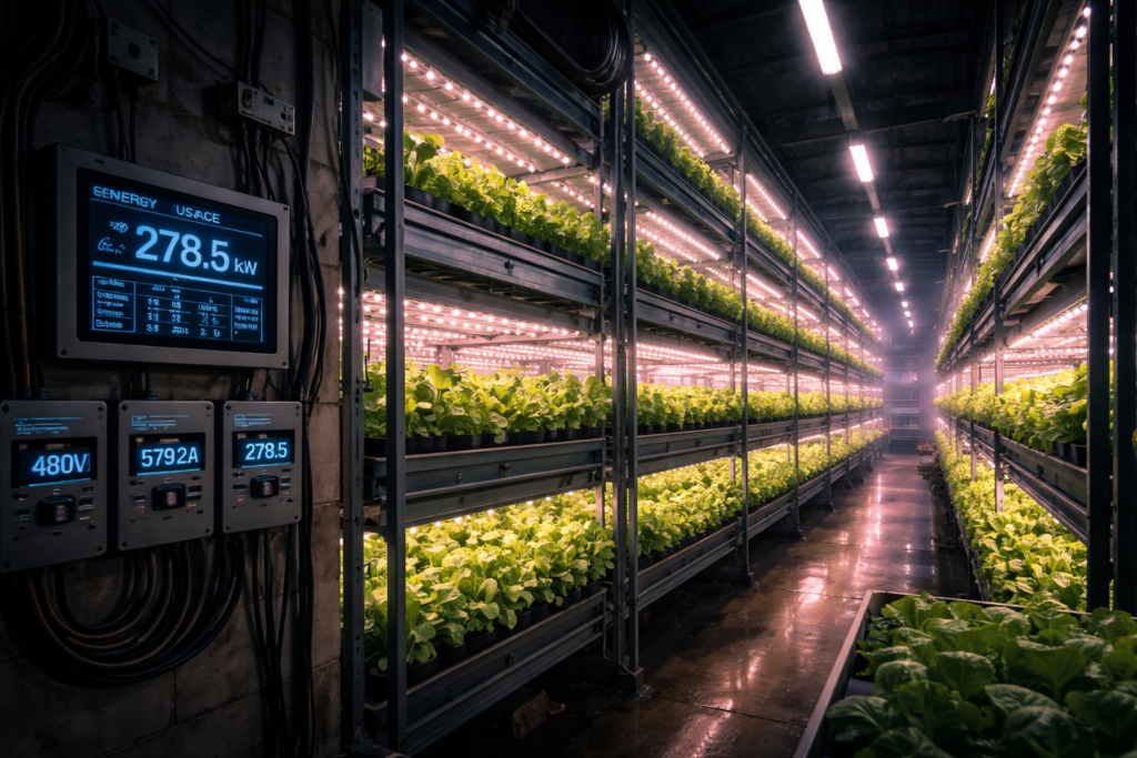 vertical farming electricity cost showing LED grow lights energy consumption