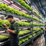Vertical farming profit system with LED-lit hydroponic shelves in urban warehouse