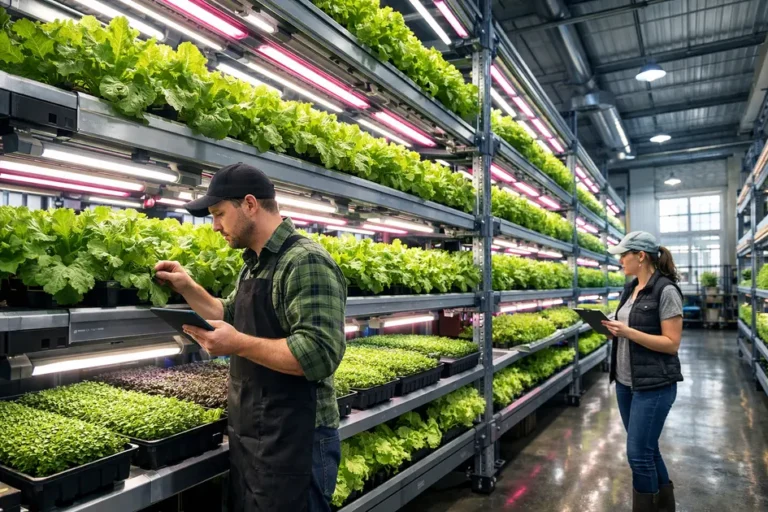 Vertical farming profit system with LED-lit hydroponic shelves in urban warehouse