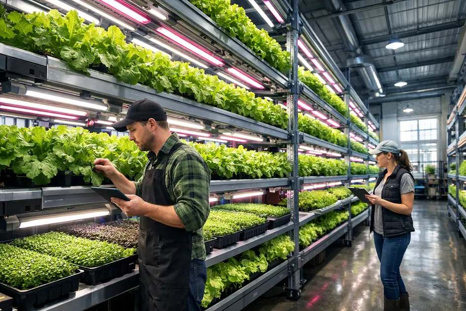 Vertical farming profit system with LED-lit hydroponic shelves in urban warehouse