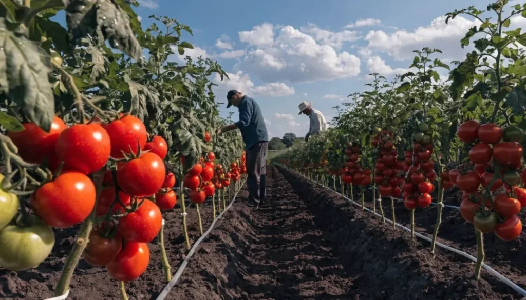 Profitable tomato farming commercial field with drip irrigation and high-yield tomato plants