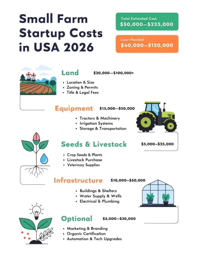 small farm startup cost USA breakdown infographic with loan estimate