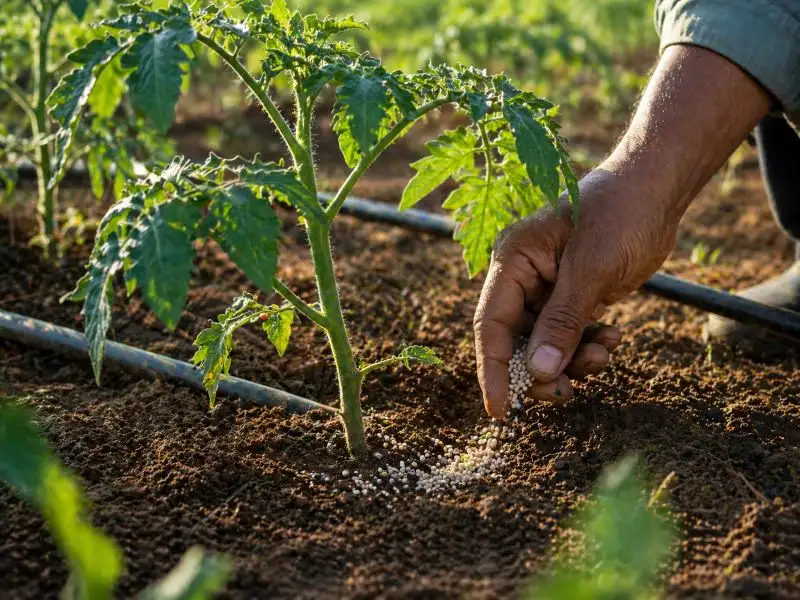 Farmer applying small amount of fertilizer around base of young tomato plants in commercial farming field