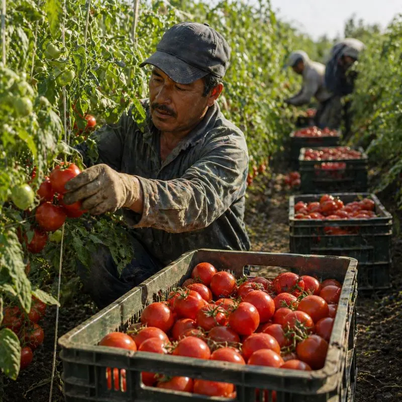 Tomato harvesting process showing farmers collecting ripe tomatoes for commercial profit
