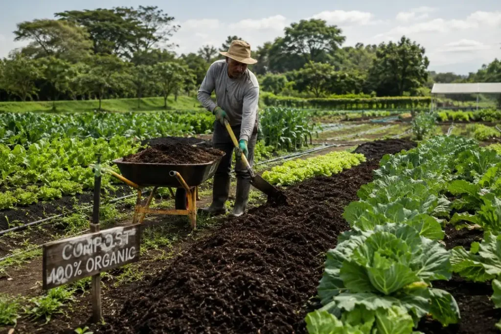 Farmer applying compost to improve soil organic matter