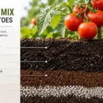 best soil mix for tomatoes infographic showing ideal soil layers