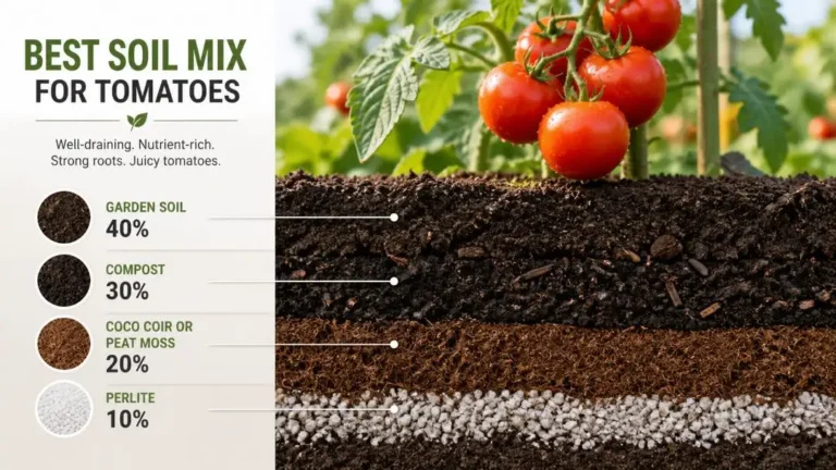 best soil mix for tomatoes infographic showing ideal soil layers