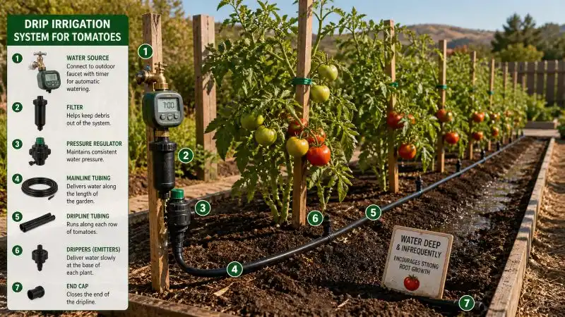 best watering system for tomatoes in hot California climate