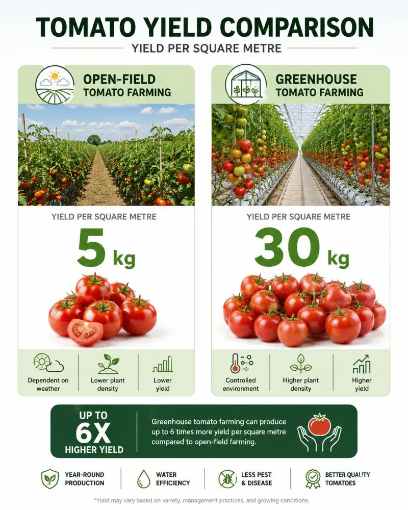 greenhouse tomato farming yield comparison infographic