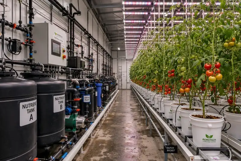 Hydroponic tomato farming equipment setup with grow lights and irrigation