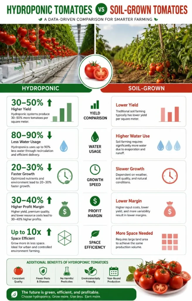 Hydroponic tomatoes vs soil-grown tomato yield comparison infographic