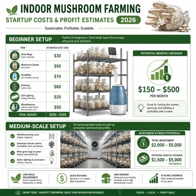 Indoor mushroom farming cost and profit infographic