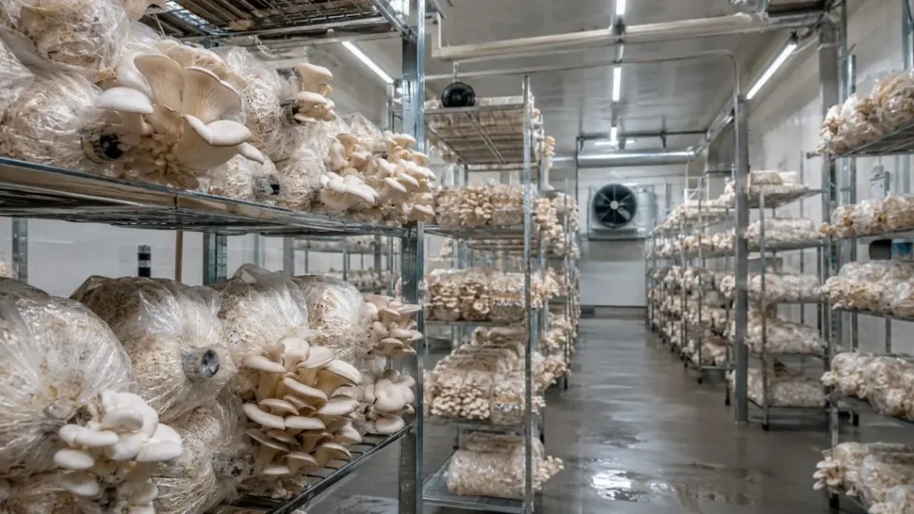 Indoor mushroom farming setup with oyster mushroom grow bags
